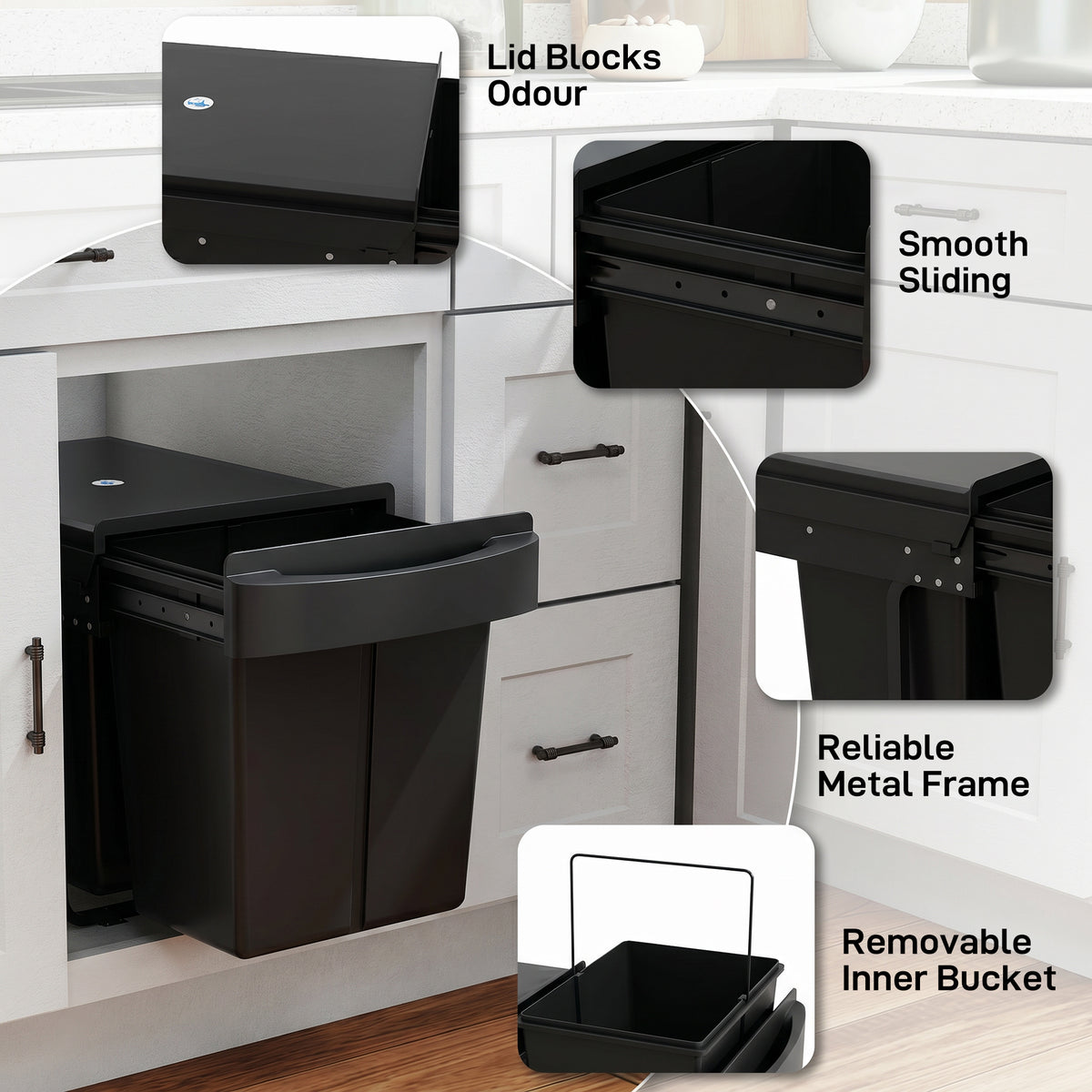 HOMCOM Pull Out Bin, Kitchen Under Sink Bin with 2 Removable Compartments, Smooth Glide, Black