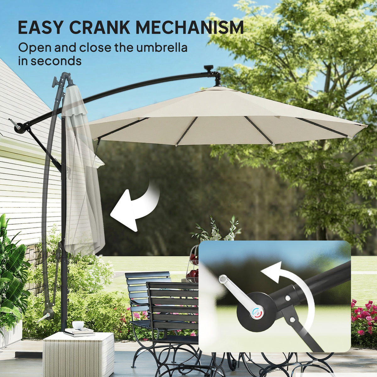 Outsunny 3 m Cantilever Parasol with Solar LED Lights Garden Umbrella with Cross Base, Cream White