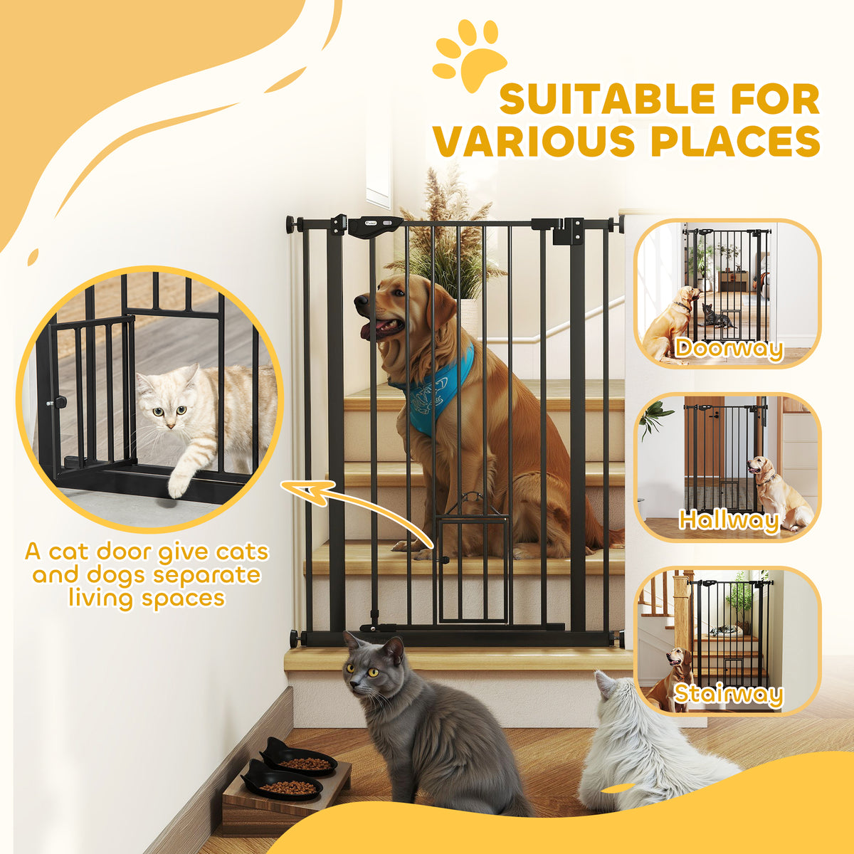 Black metal pet gate with cat flap, shown separating dogs and cats in a home