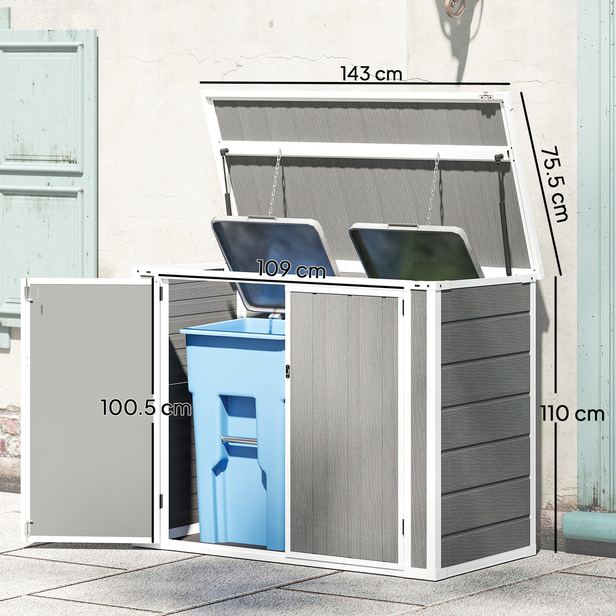 Outsunny gray bin shed with raised lid and open doors, showing storage space for two bins
