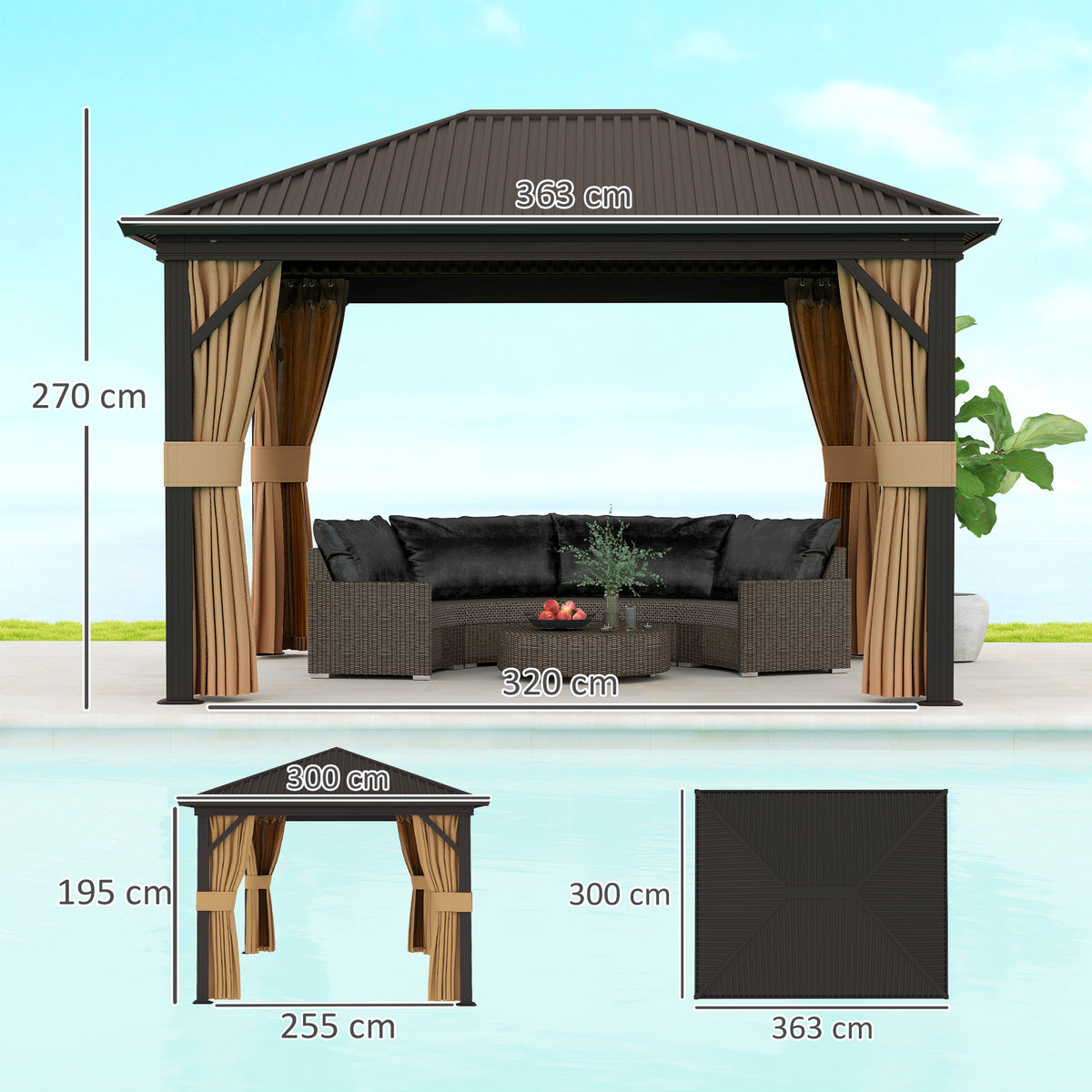Hardtop gazebo with curtains and dimension diagram showing its size and height