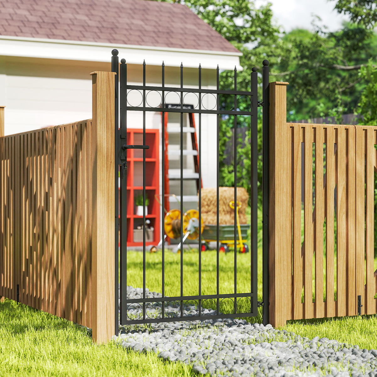 Outsunny Galvanised Steel Garden Gate, Outdoor Fence Gate Security Barrier with Lock, Keys and Handle, Outdoor Entrance Way Door with Classic Finials, 105 x 204 cm, Black