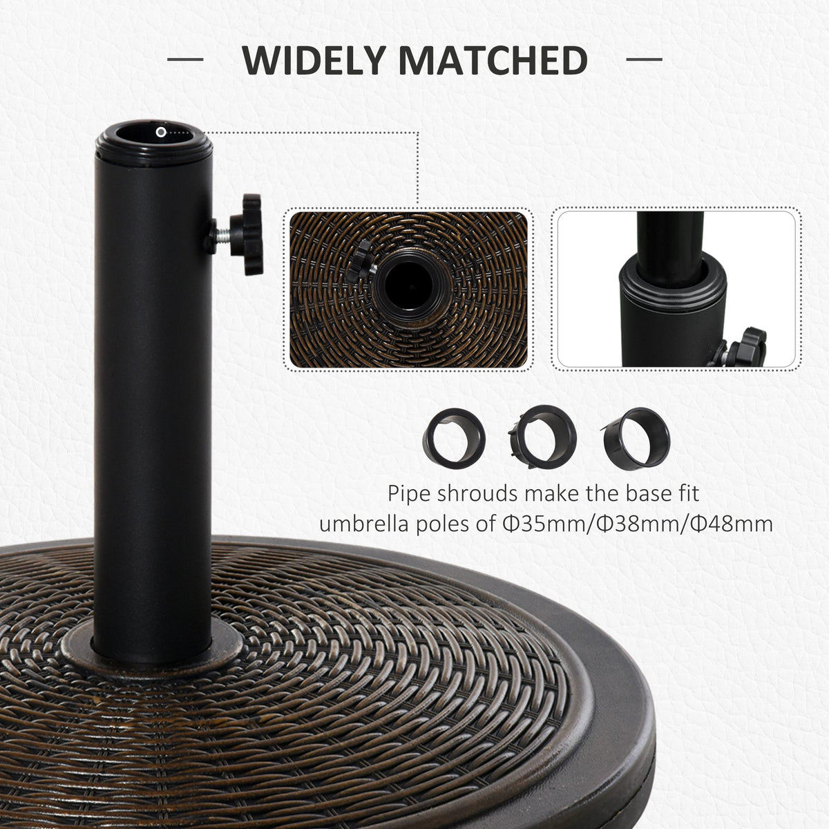 Parasol base pole with tightening knob and three adapter rings for different pole sizes
