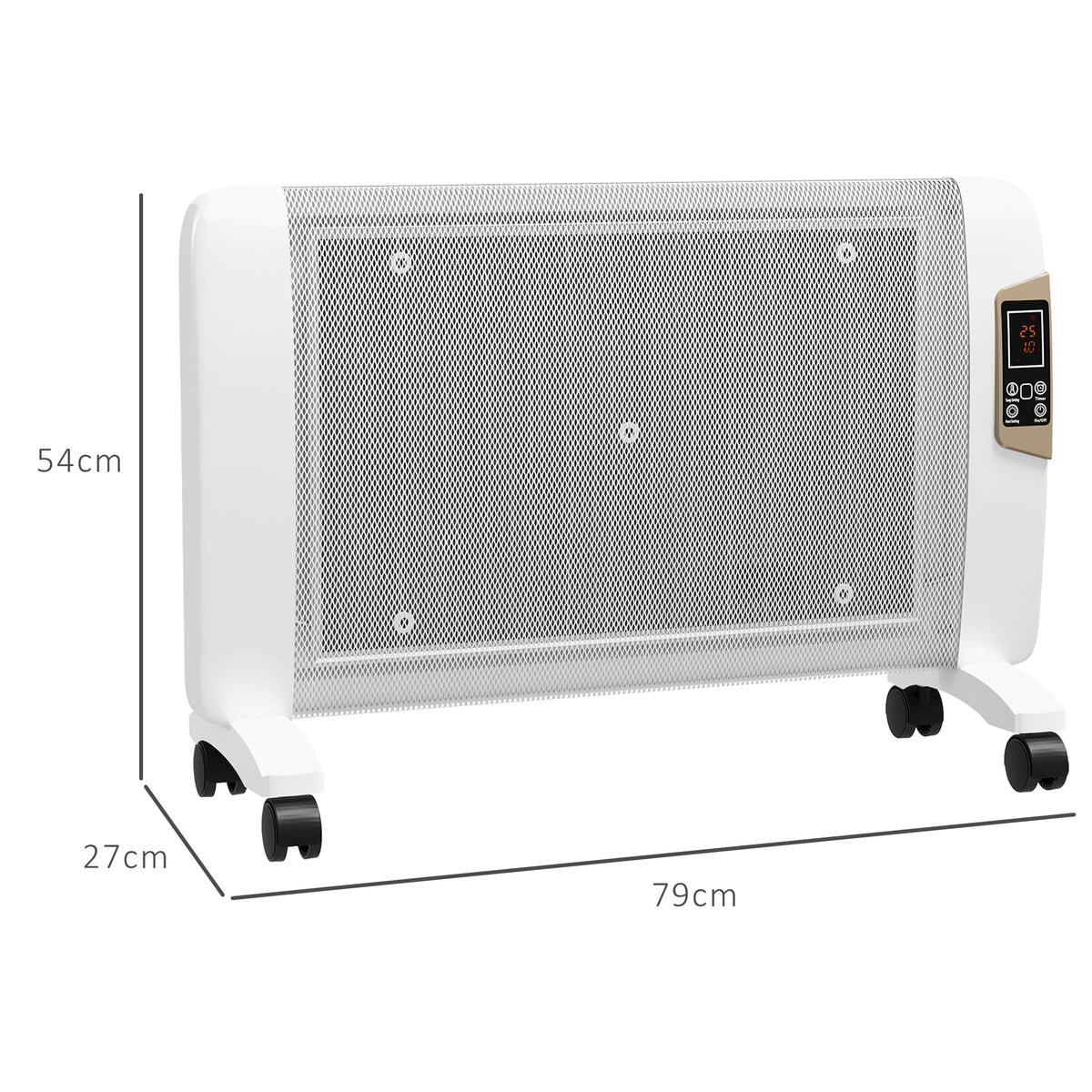 White mica space heater with mesh front, digital controls and caster wheels; 79 cm wide