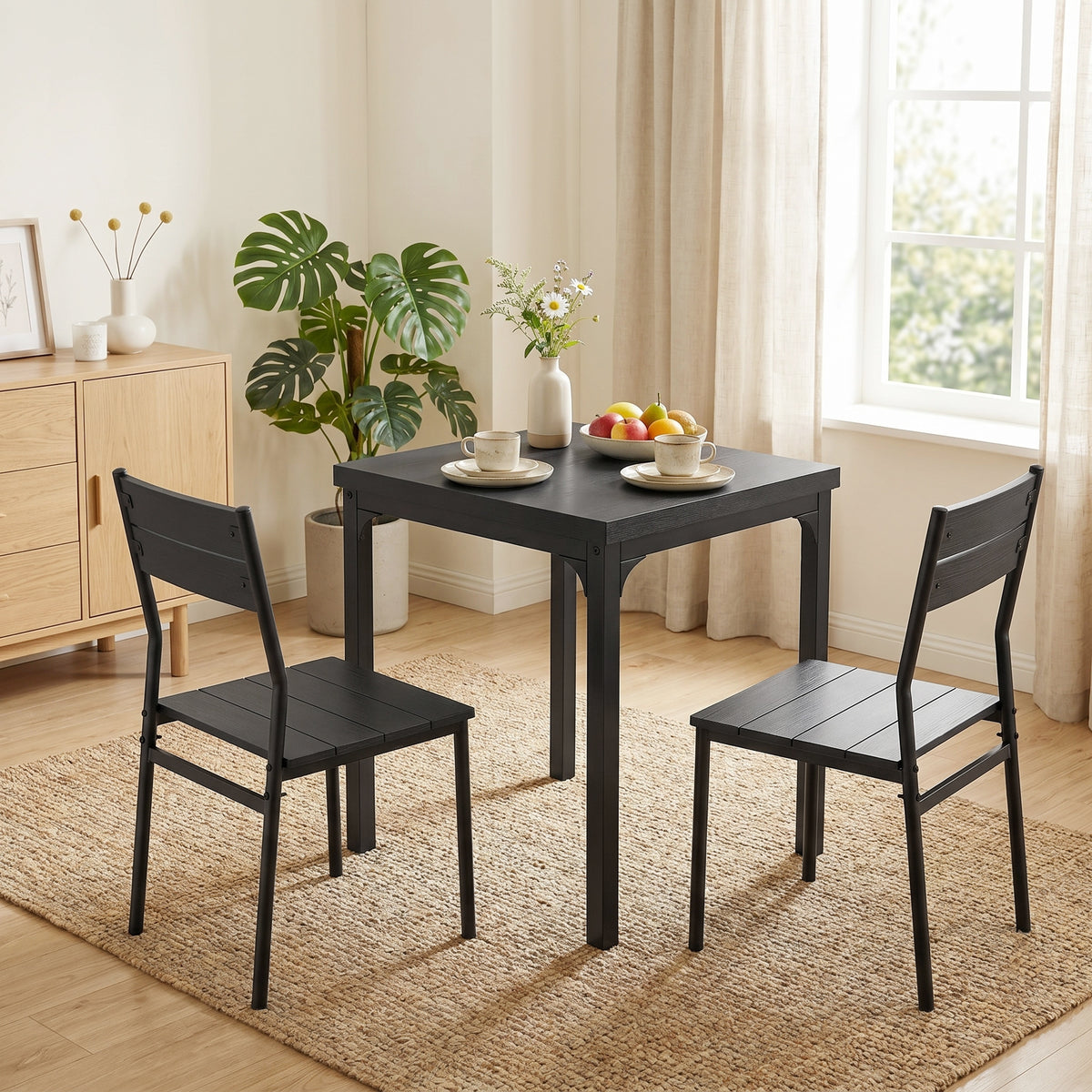 HOMCOM 3 Piece Space-Saving Kitchen Table and Chairs, Dining Table Set for 2 with Metal Legs, Black Wood Effect