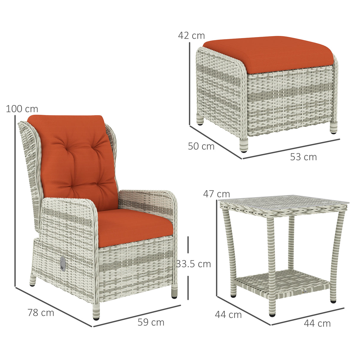 Wicker chair, footstool and two-tier table with dimensions labeled