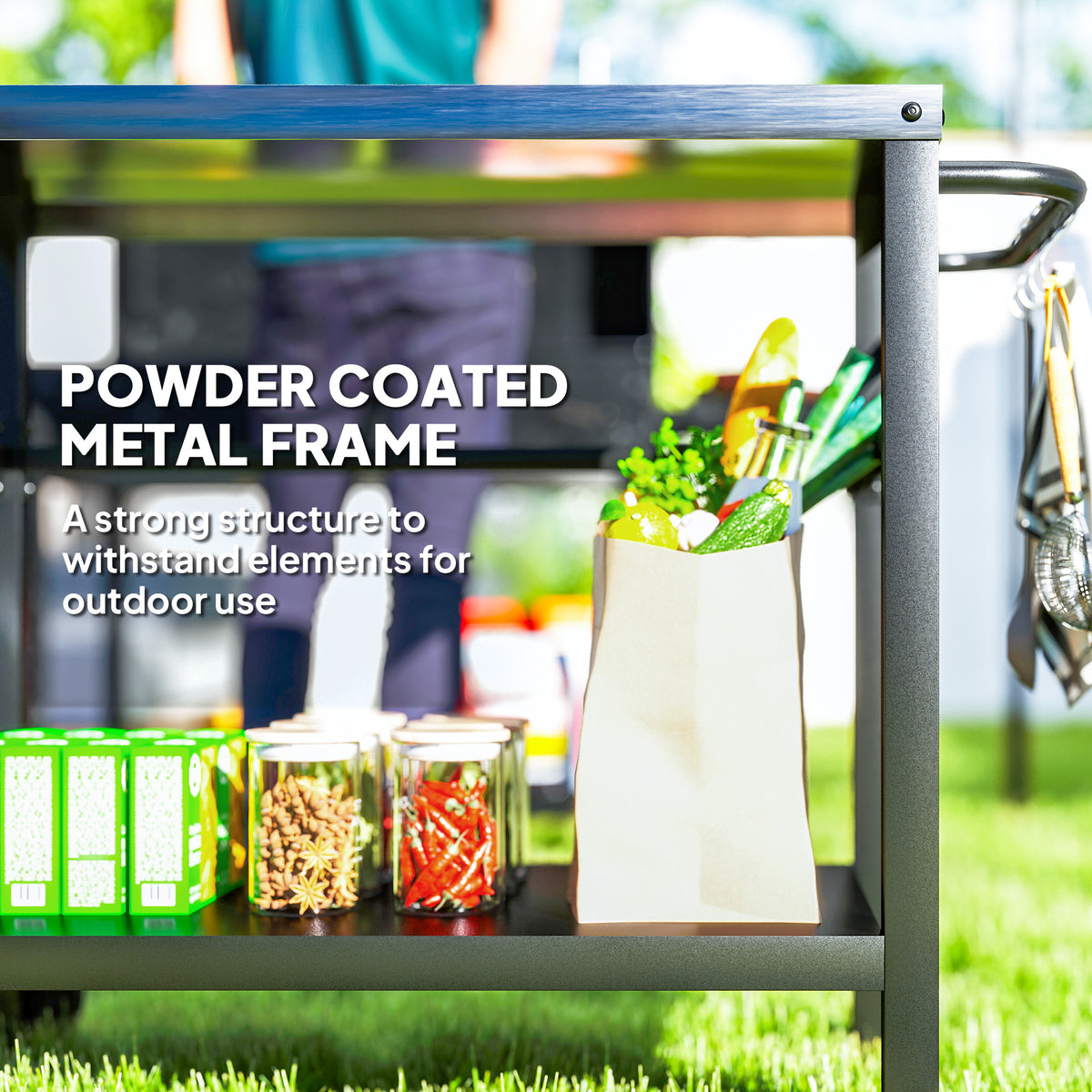 Outsunny grill cart with powder-coated metal frame, stainless steel top and lower shelf