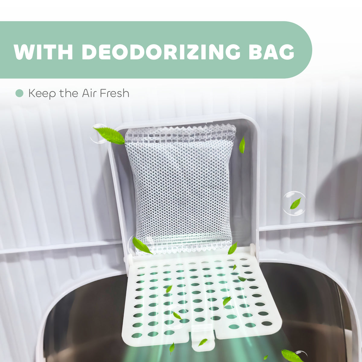 Cat litter box lid with a deodorizing bag beneath the perforated top panel