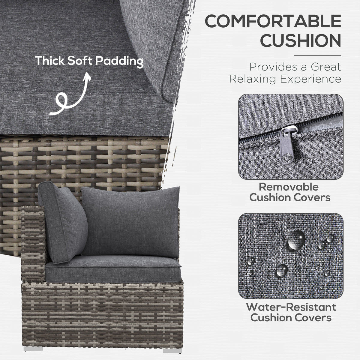 Outsunny corner chair with thick grey cushions, removable covers and woven rattan base