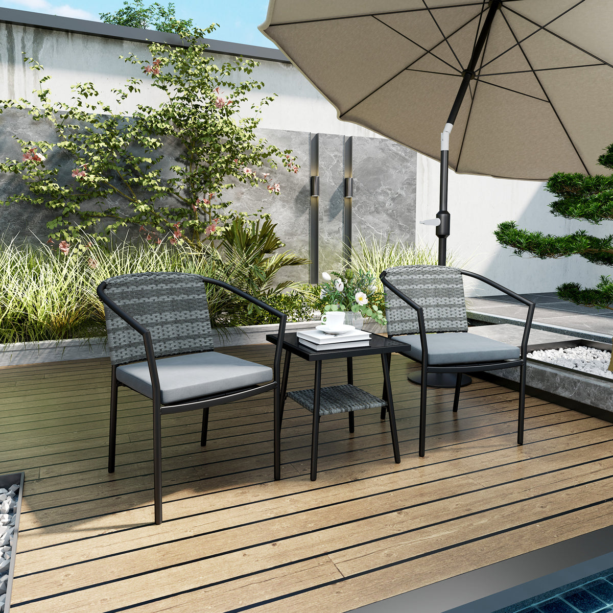 Outsunny 3 Pieces Rattan Bistro Set with Cushions, Wicker Garden Furniture Set, Glass Top Coffee Table and Chairs for Outdoor Patio, Balcony, Terrace and Conservatory, Grey