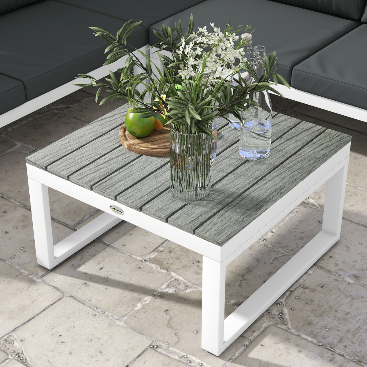 Outsunny 4 Pieces Garden Furniture Set, 5-Level Reclining Garden Corner Sofa Set, Outdoor Lounge Conversation Sectional with Cushions, Wood Effect Plastic Table, White Frame & Grey Cushion