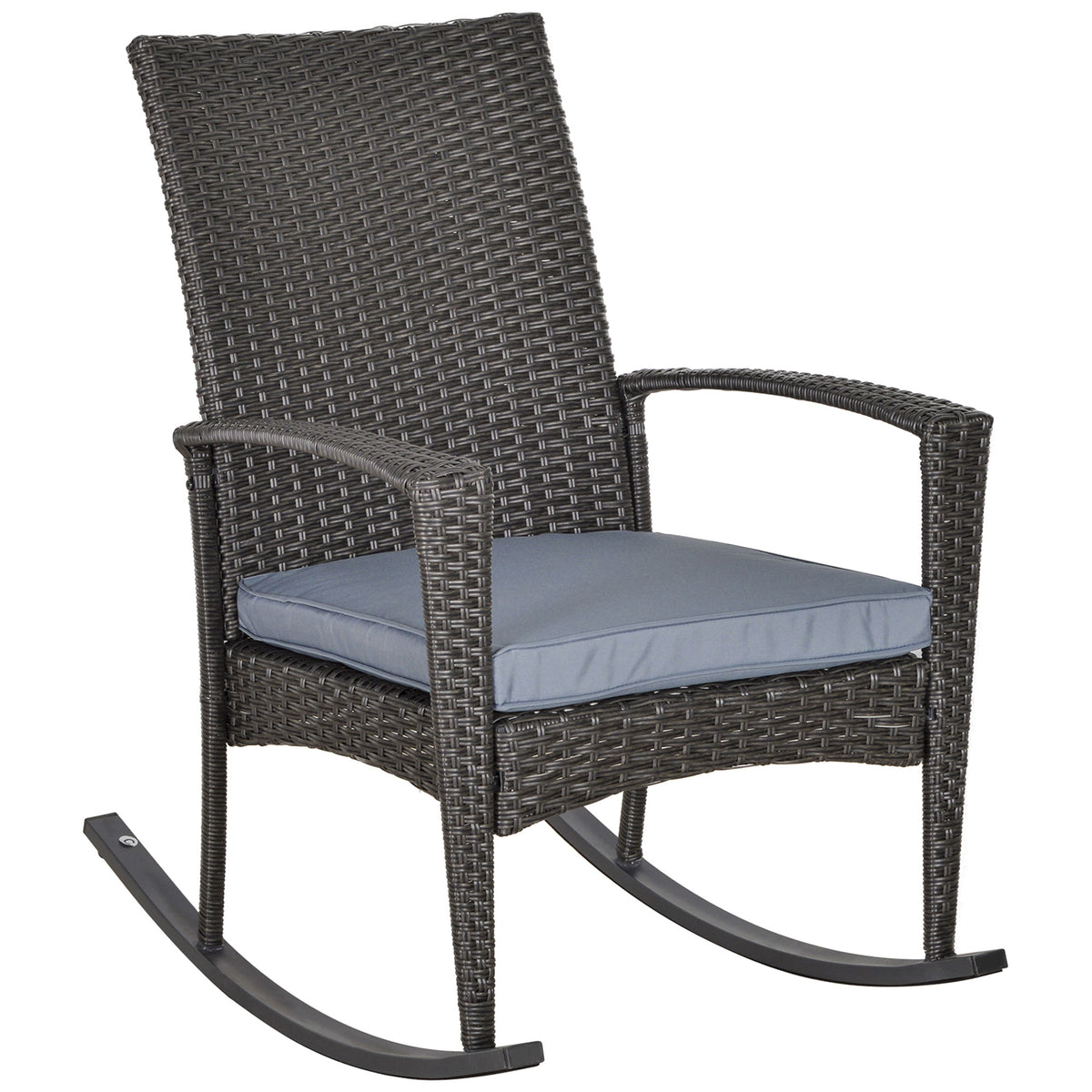 Grey PE rattan rocking chair with armrests and padded seat cushion