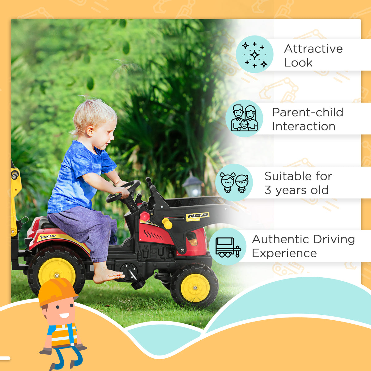 Child steering a ride-on tractor with yellow wheels and rear excavator attachment