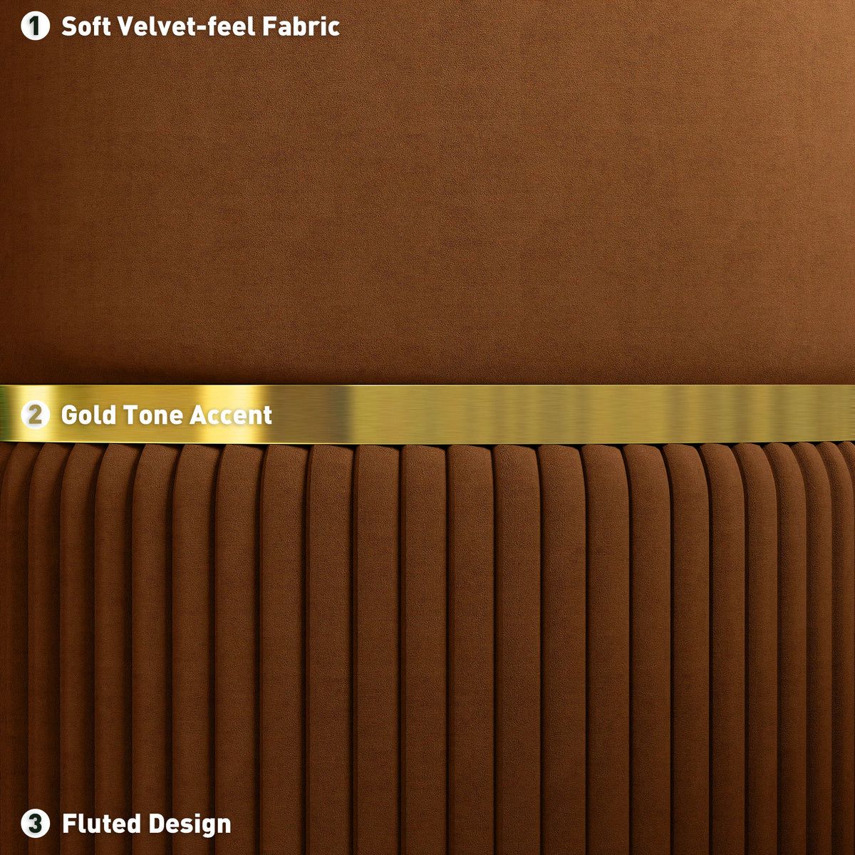 Brown velvet-feel fabric, gold-tone accent band, and fluted ottoman base