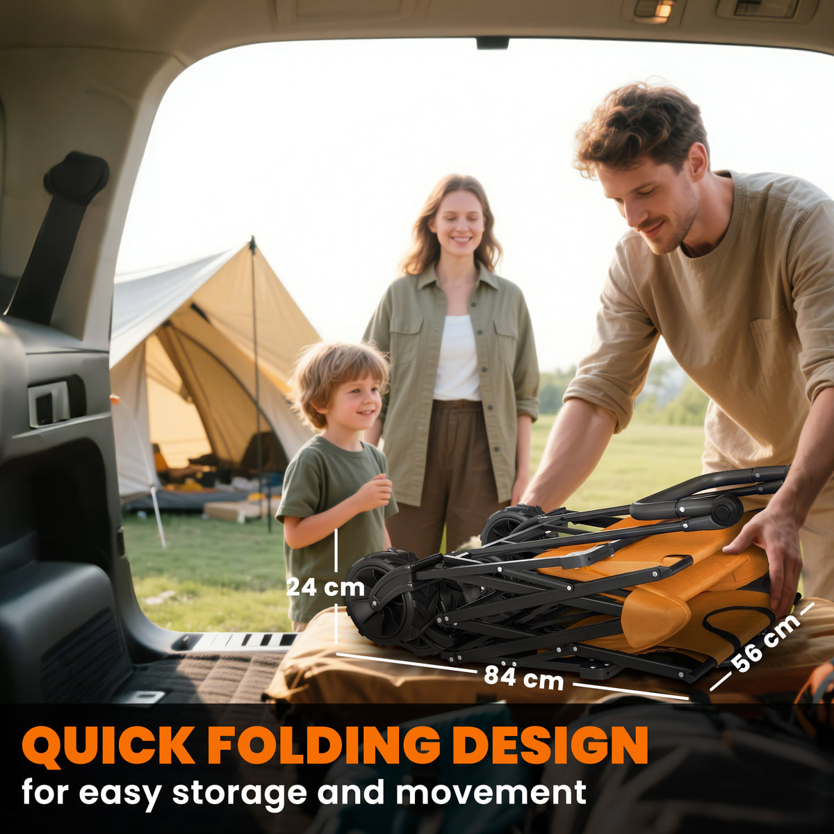 Orange folding wagon collapsed for compact storage, shown beside a car