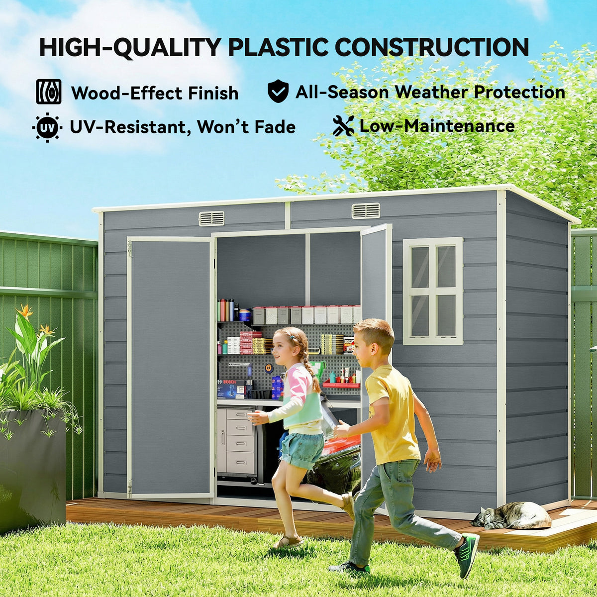 Outsunny 10 x 4 ft Resin Garden Shed, Outdoor Storage Shed with Floor, Windows, Lockable Doors and Vents, Grey