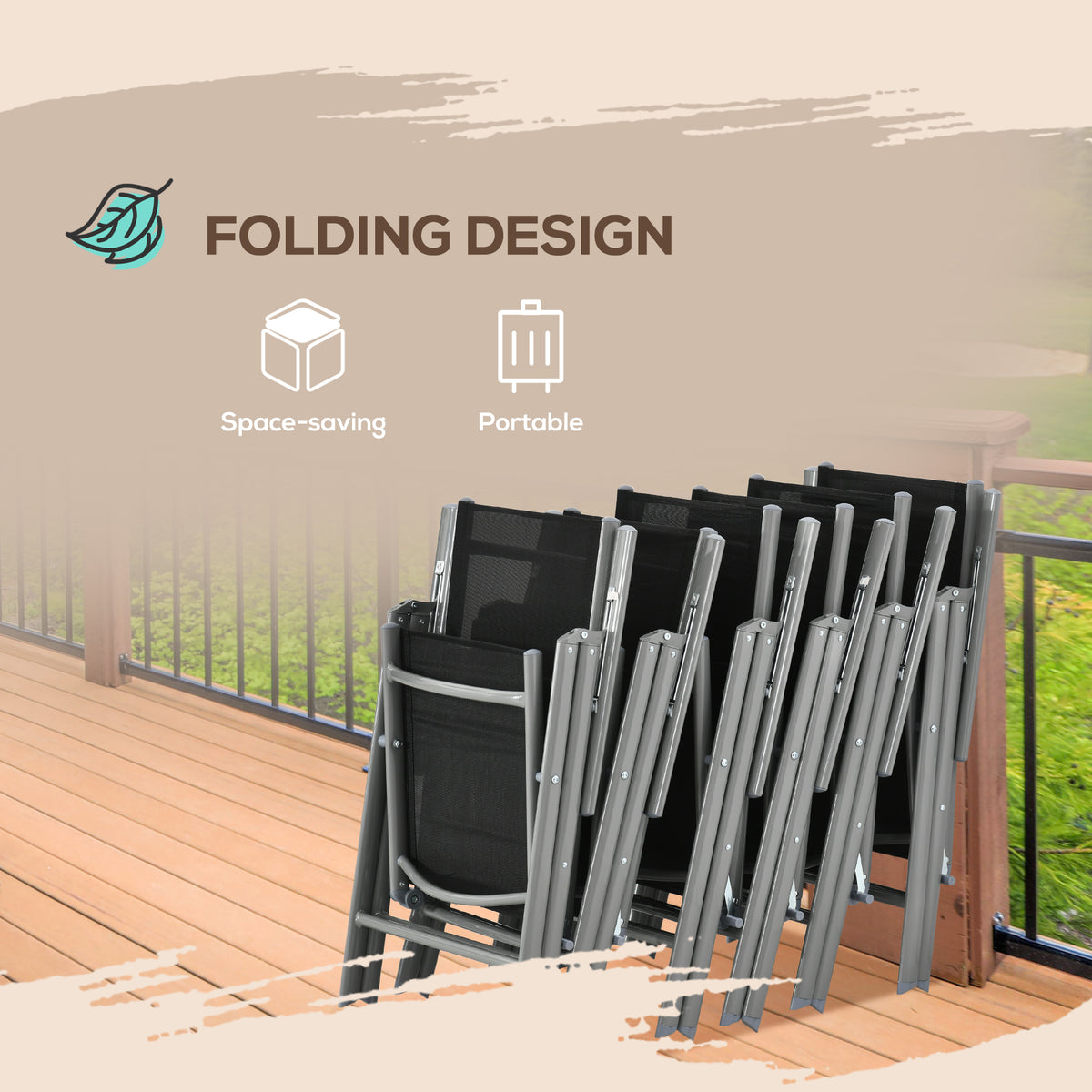 Outsunny folding garden chairs with black mesh seats and silver-colored frames, folded for storage