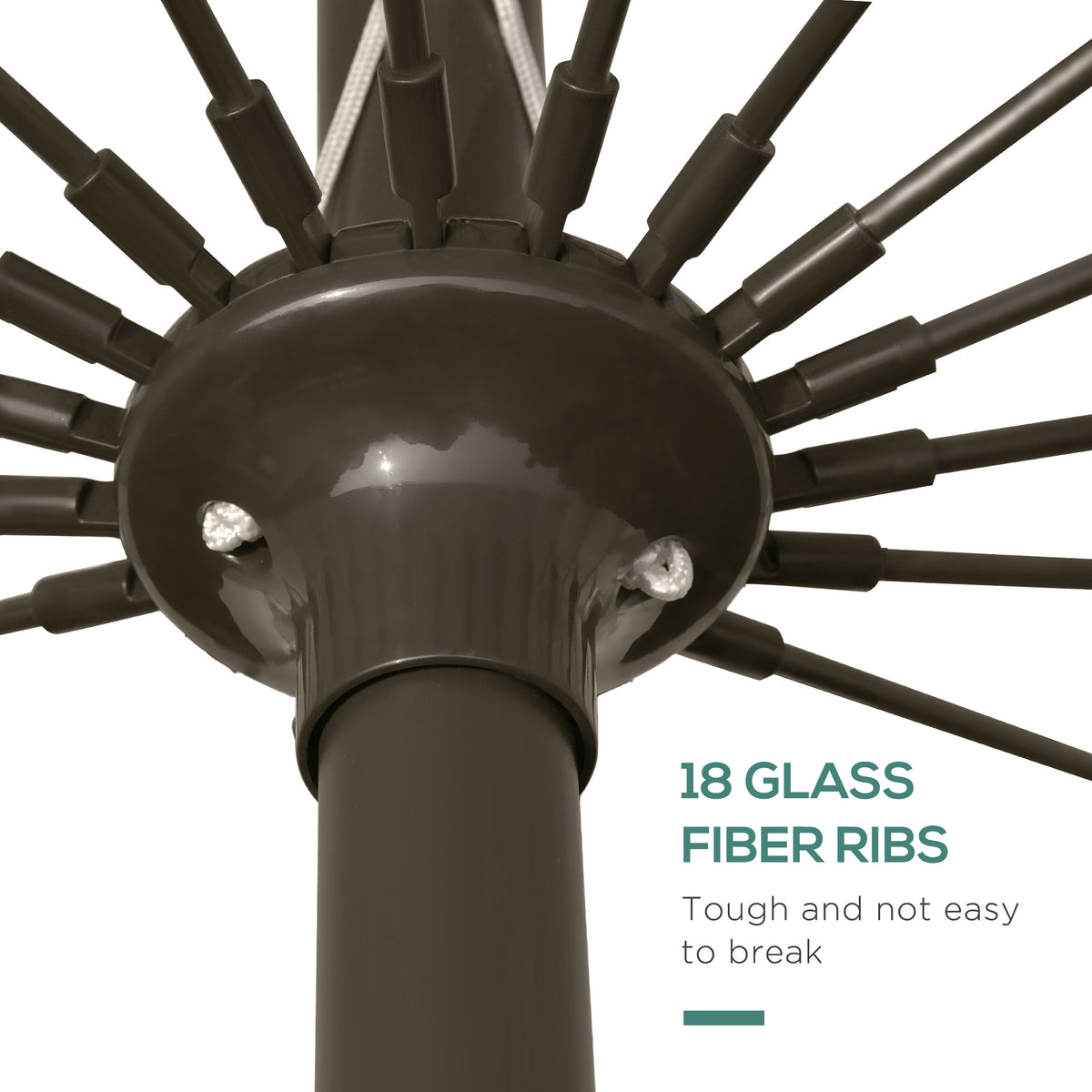 Close-up of garden parasol hub and sturdy radial canopy ribs