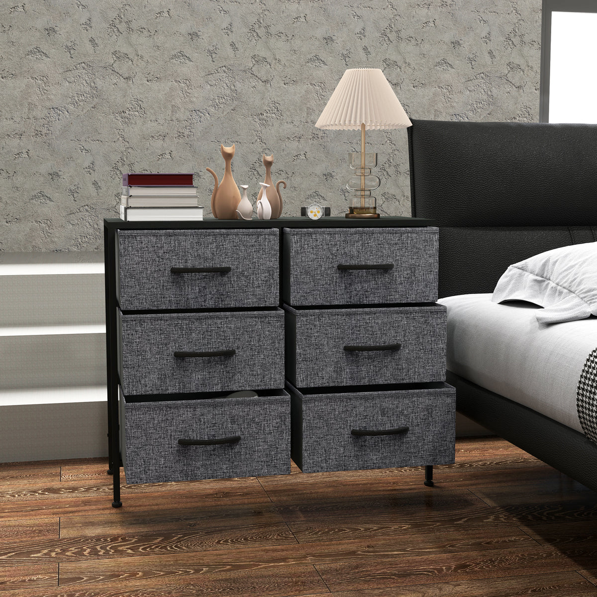HOMCOM fabric dresser with six gray drawers and black handles