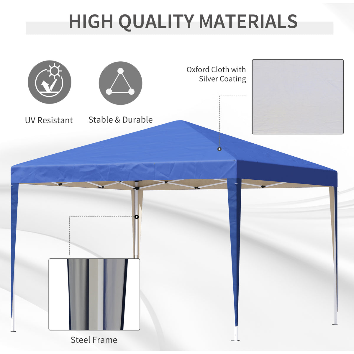 Blue pop-up gazebo with silver-coated Oxford canopy and steel frame