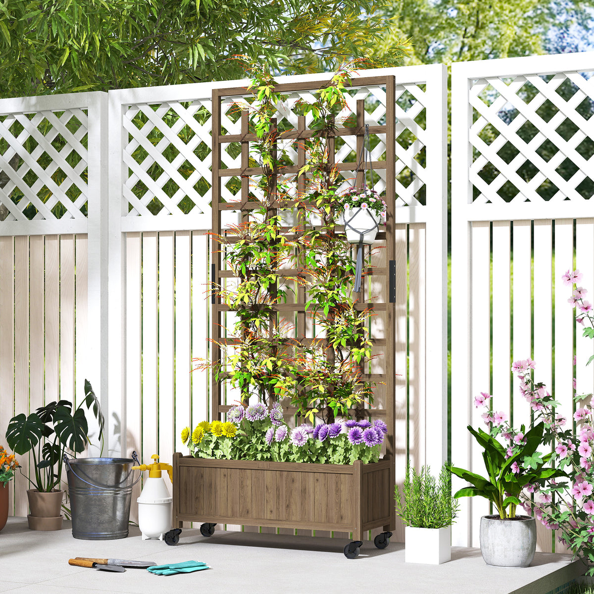 Outsunny brown trellis planter filled with flowering plants