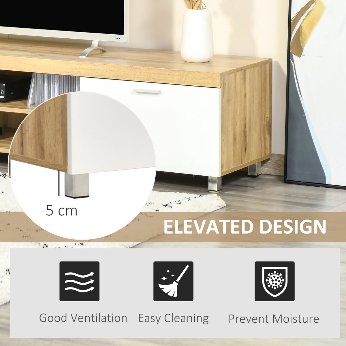 HOMCOM TV stand showing raised metal feet and a white cabinet door