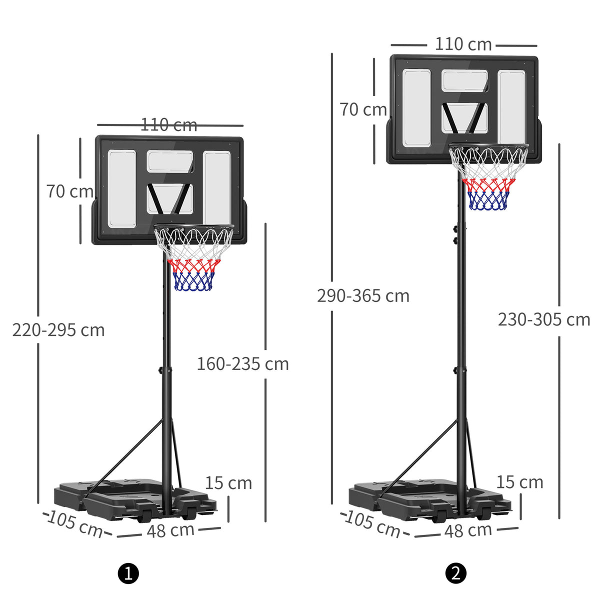 Adjustable basketball hoop and stand with dimensions shown at two height settings