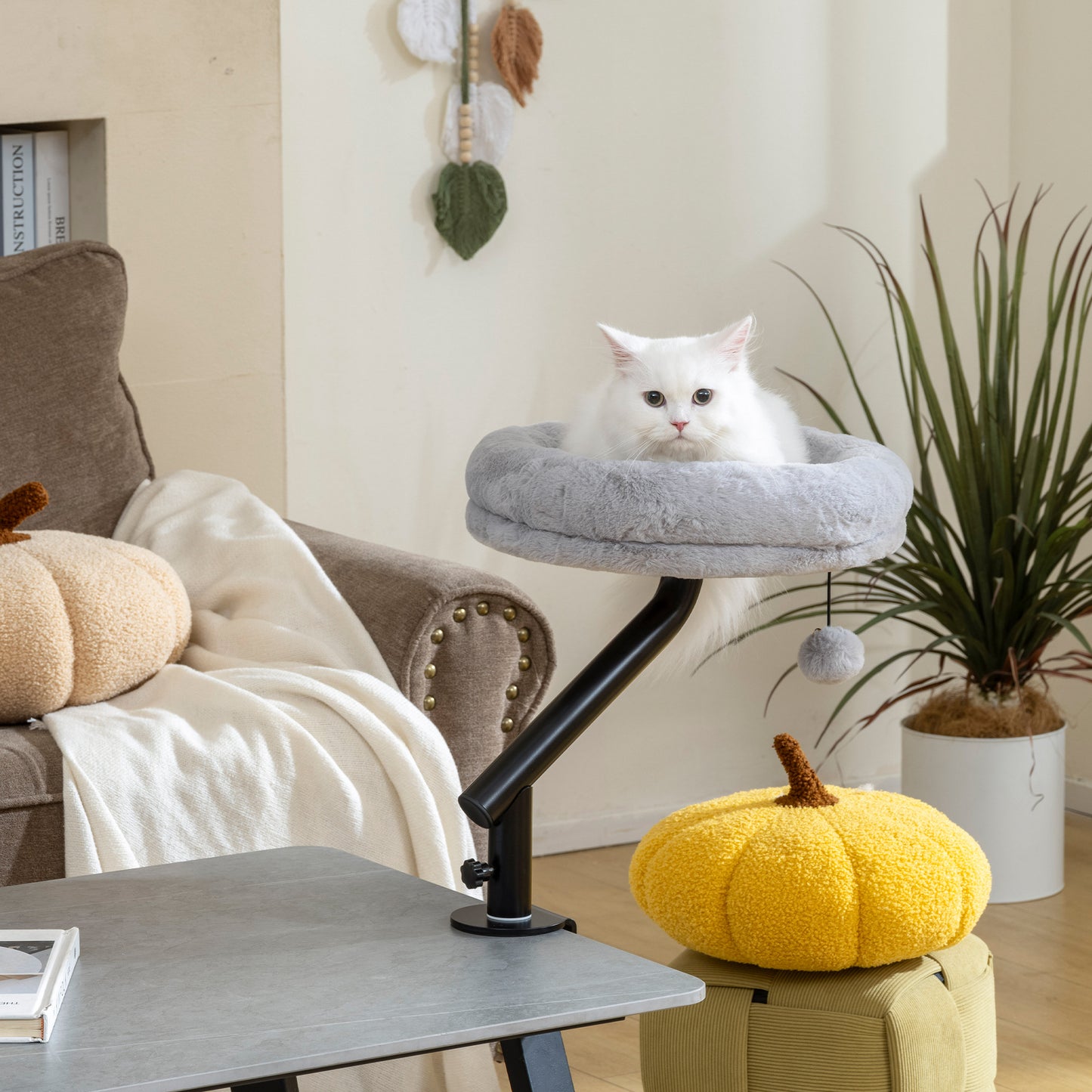PawHut Cat Desk Bed, Cat Hammock 360° Rotatable Adjustable for Window, Table, Work, Grey