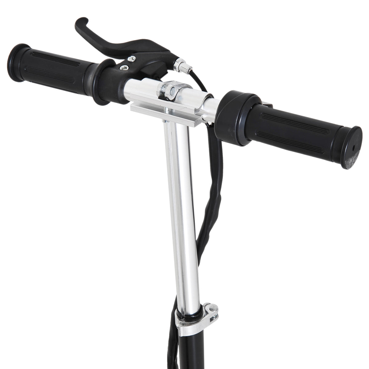 Electric scooter handlebar close-up with black grips, brake lever, and silver stem