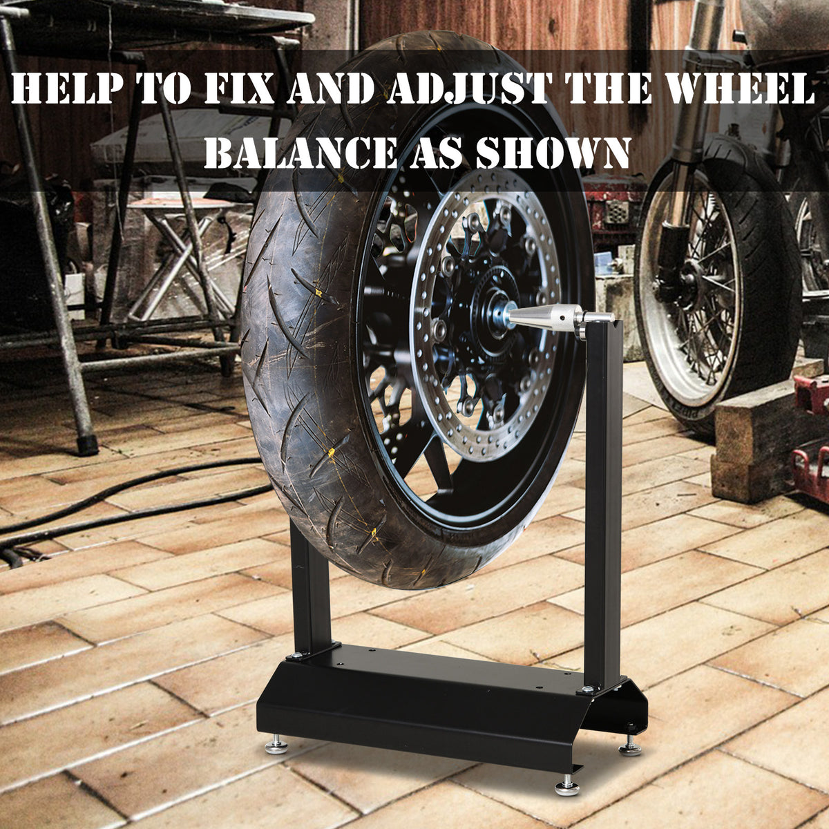 DURHAND wheel balancing stand supporting a motorcycle wheel for adjustment