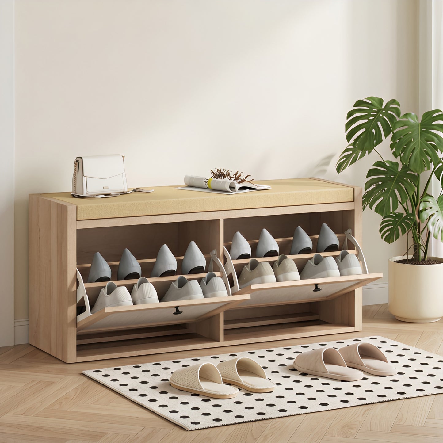 HOMCOM Rattan Shoe Bench with Padded Cushion and 2 Cabinets for Hidden Storage, Oak Wood Effect