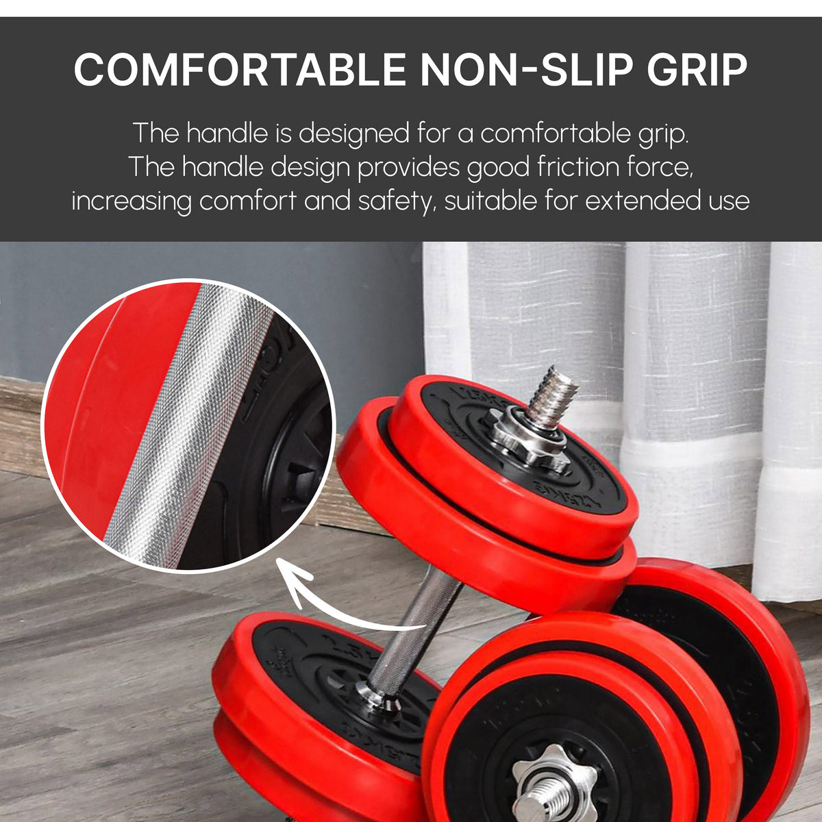 HOMCOM dumbbell set with red plates and textured metal handle for a non-slip grip