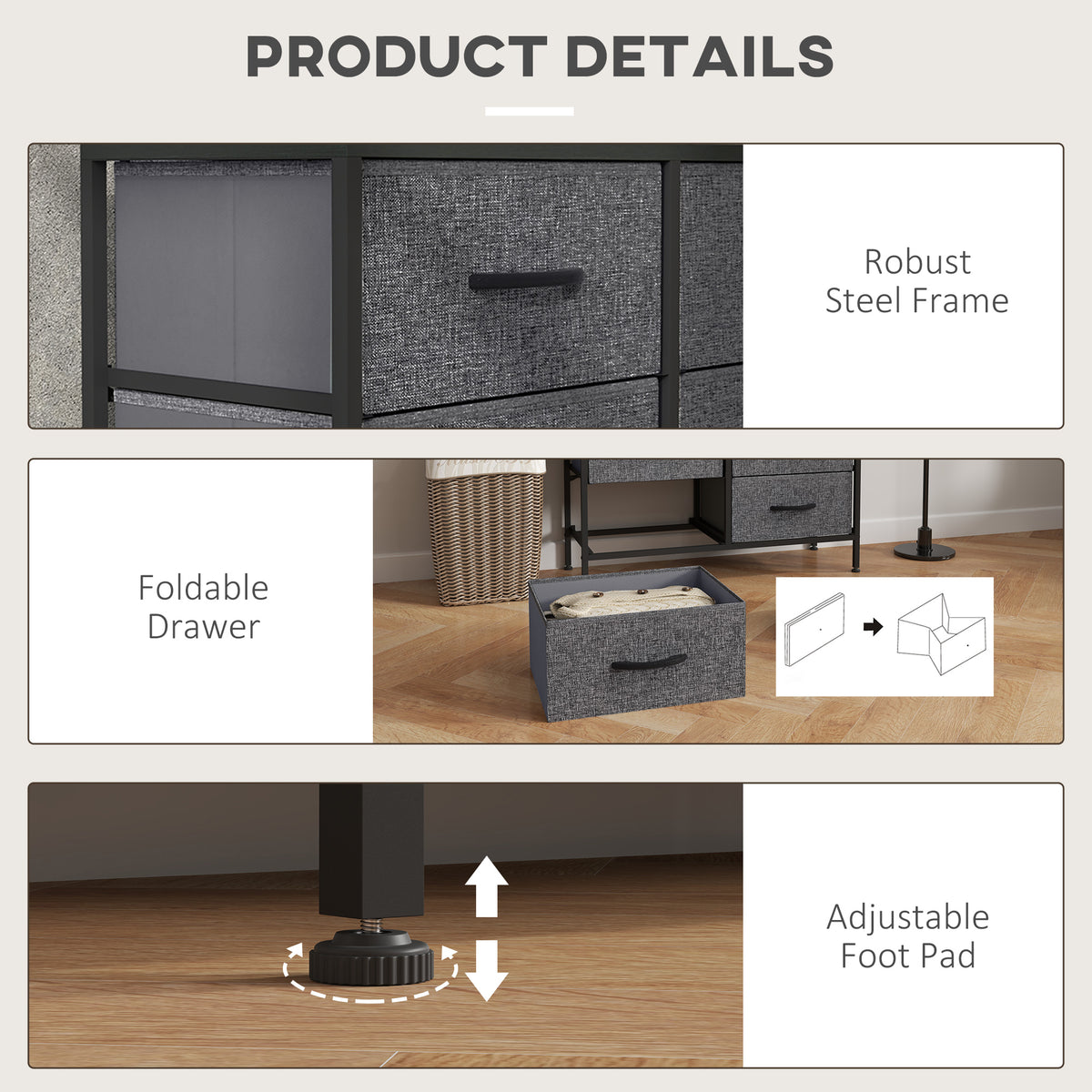 HOMCOM dresser details showing steel frame, foldable drawer and adjustable feet