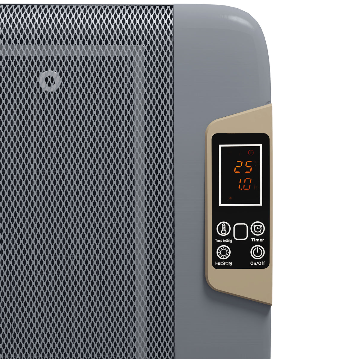 Close-up of HOMCOM heater mesh grille and digital control panel