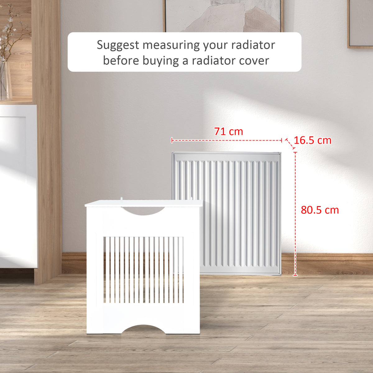 White slatted radiator cover cabinet sized beside a radiator for fit comparison