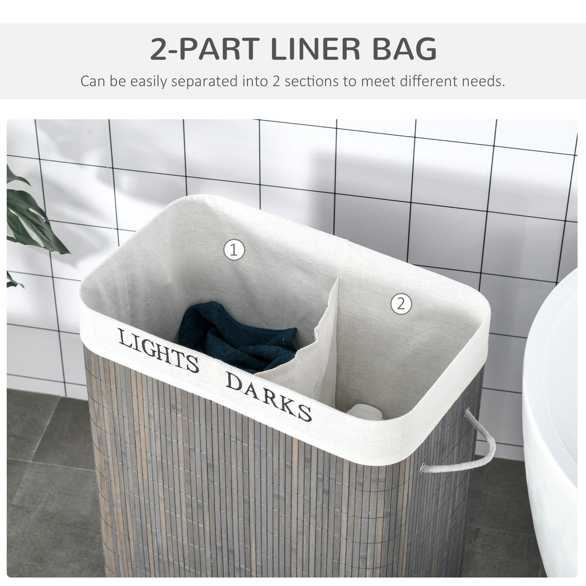 Two-section laundry hamper with removable liner, labeled compartments, and gray woven bamboo shell