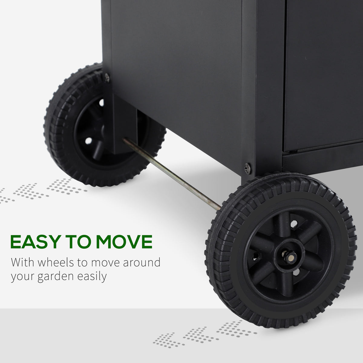 Gas BBQ grill trolley wheels with textured black tires and metal axle