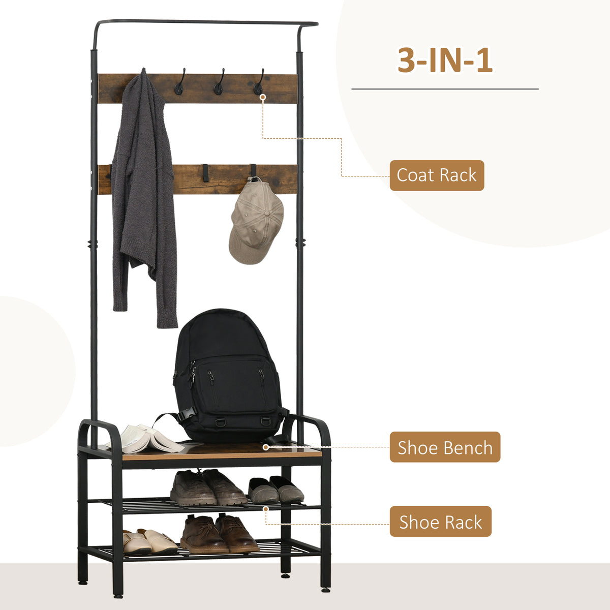 HOMCOM industrial coat rack with shoe bench, metal frame, wood hooks, and shoe shelves