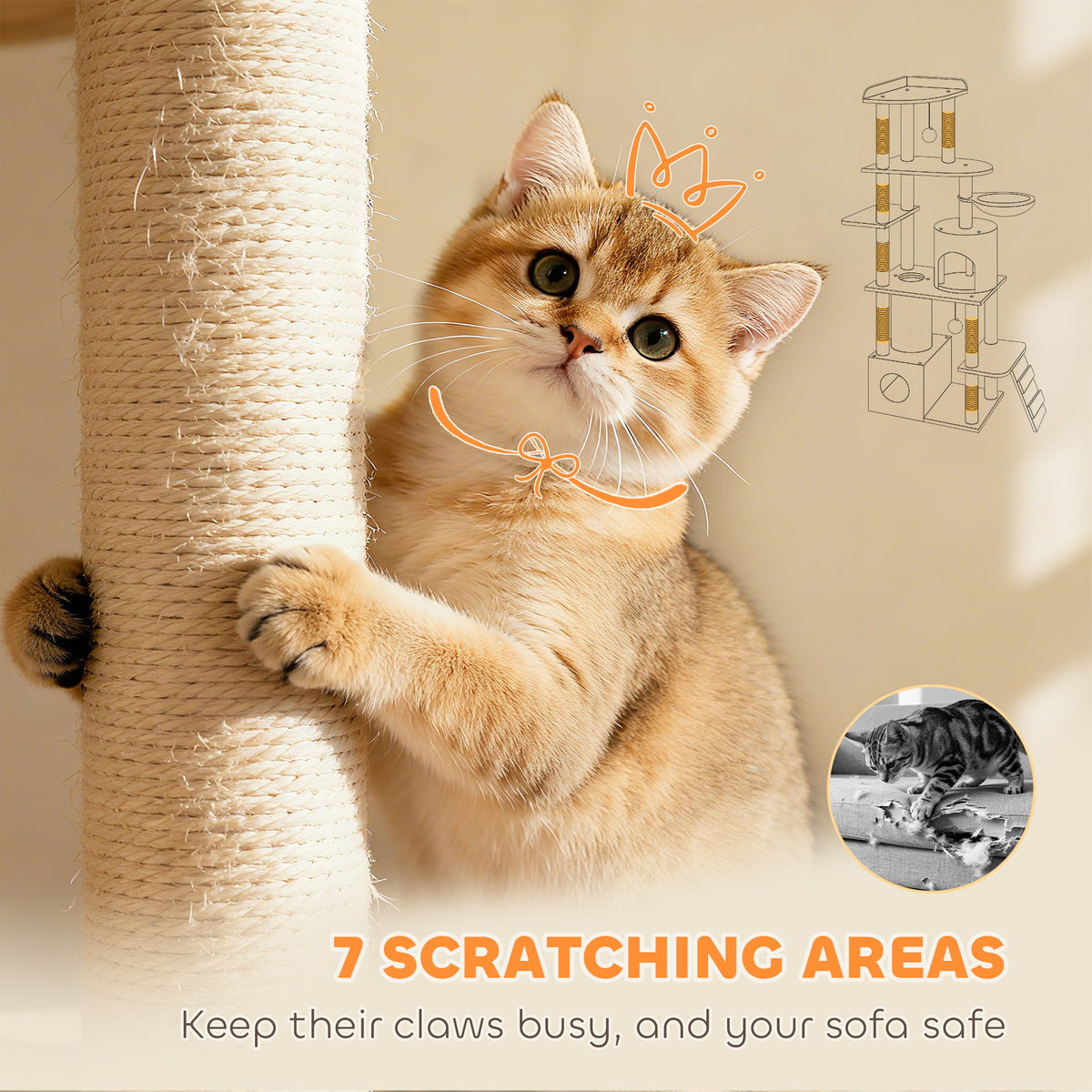 PawHut 170 cm Large Cat Tree, Cat Tower with 7 Scratching Posts, 2 Condos, Hammock, Light Grey