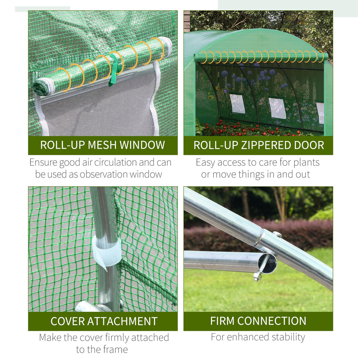 Outsunny polytunnel greenhouse details showing roll-up mesh window, zippered door, cover clips, and frame joints