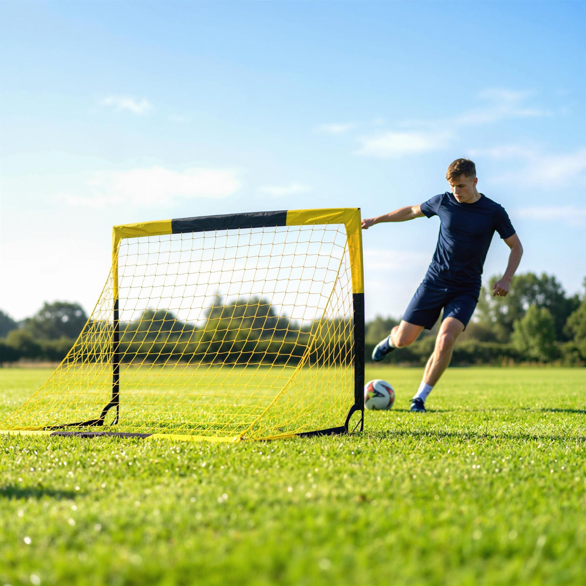 SPORTNOW Pop Up Football Goal, Portable Folding Football Net with Carry Bag, 4 U-Shaped Ground Stakes, Fibreglass Pole