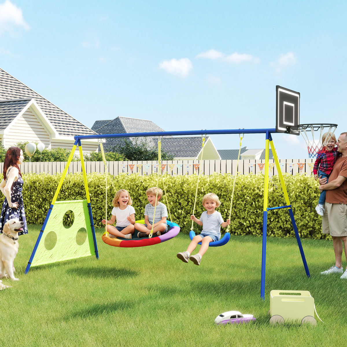 AIYAPLAY 4-in-1 Kids Swing Set with Saucer Swing, Basketball Hoop and Football Goal, Outdoor Playground Playset for Garden