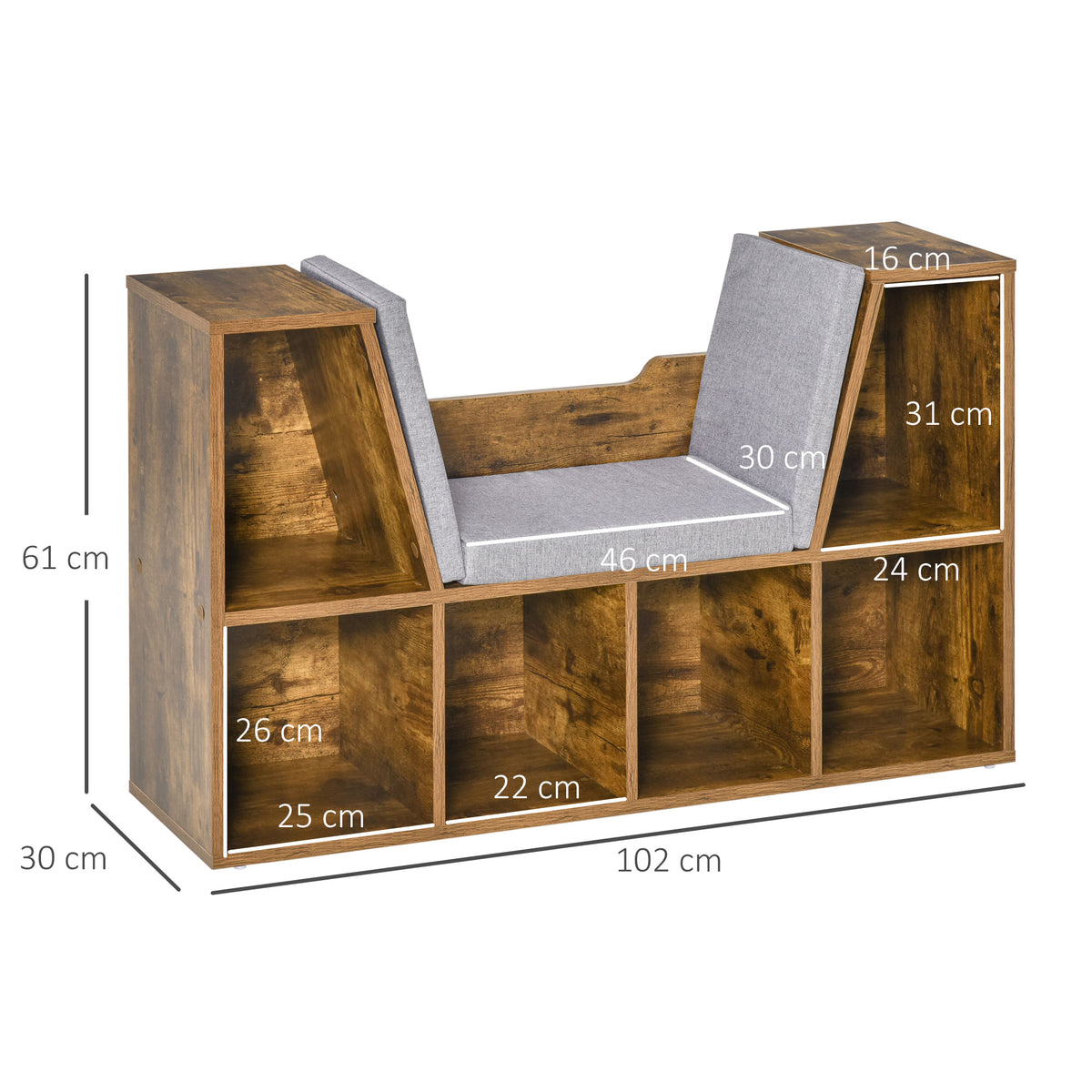 Bookcase with gray cushioned seat and six storage cubbies, with dimensions shown