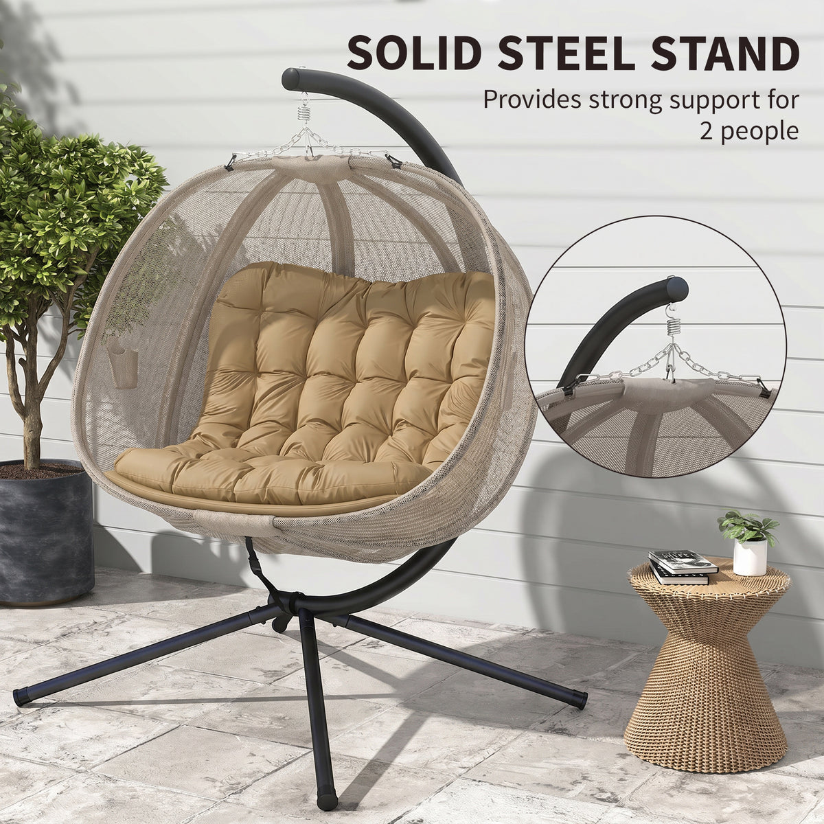 Outsunny double hanging egg chair with woven taupe basket and curved steel stand