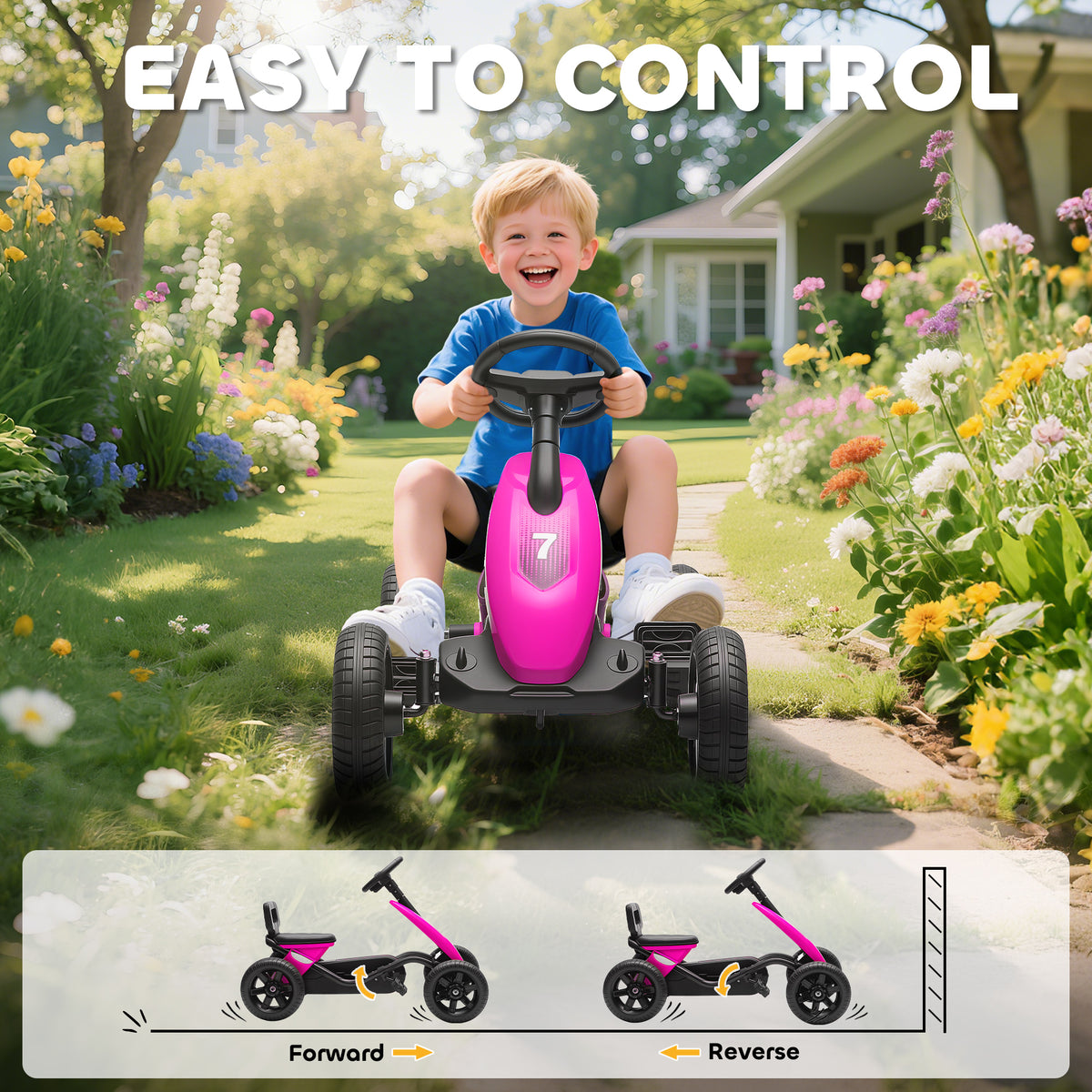 AIYAPLAY Pedal Go Kart for Kids 2-5 Years, with Silent EVA Wheels, Metal Frame, Pink