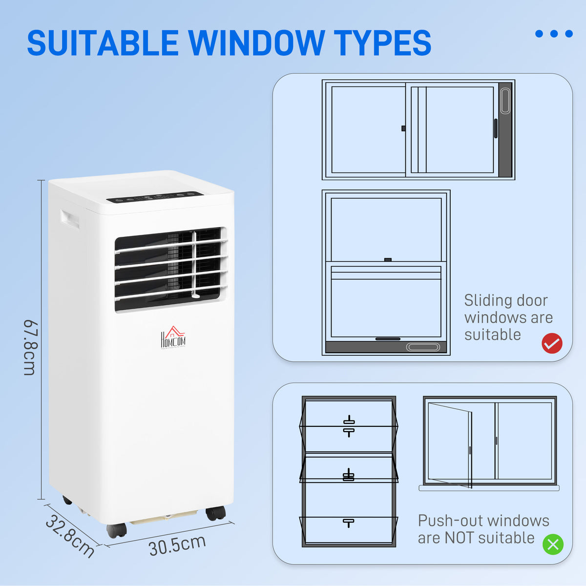 HOMCOM white portable air conditioner with control panel, caster wheels, and window type guide