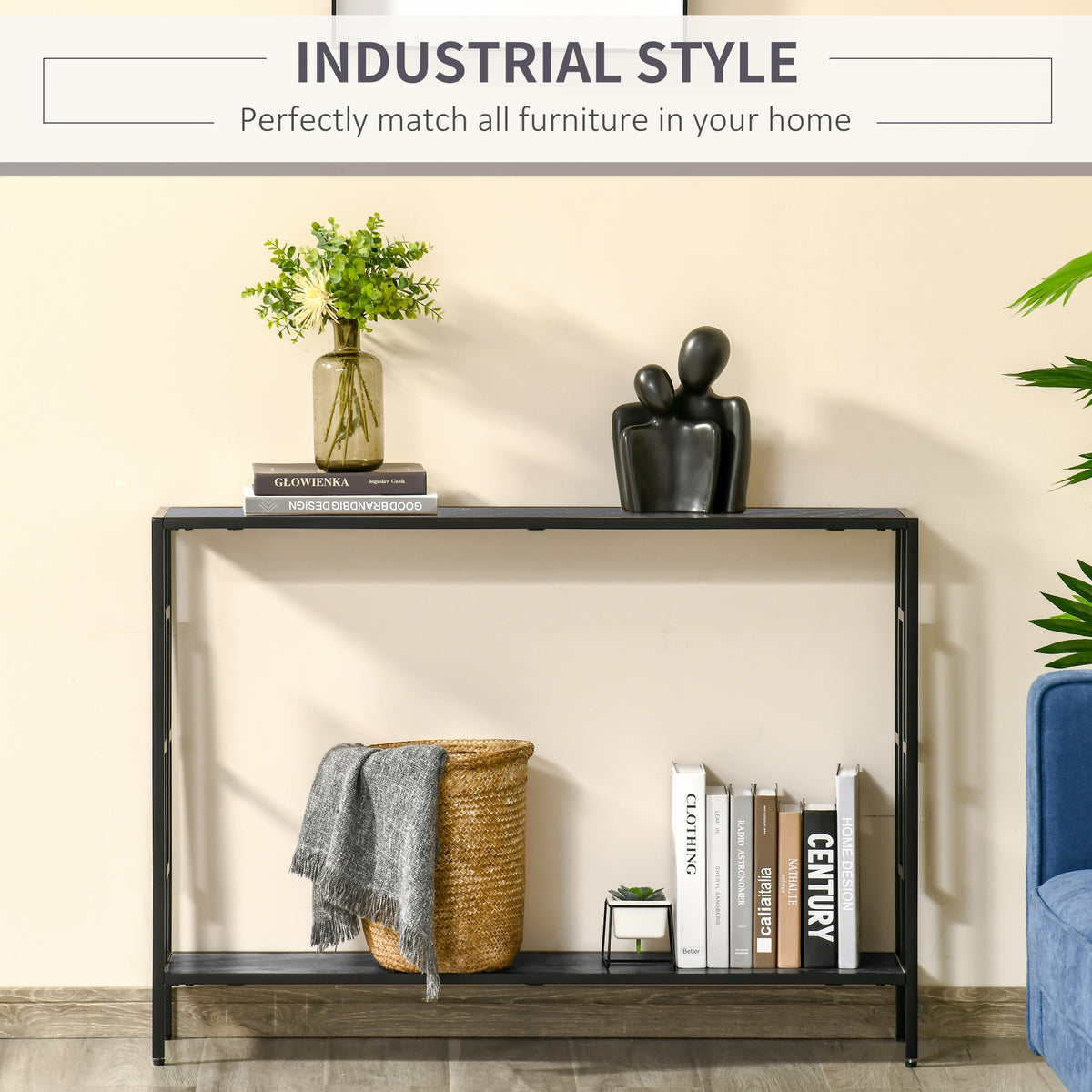 Two-tier console table with dark shelves and a slim black metal frame