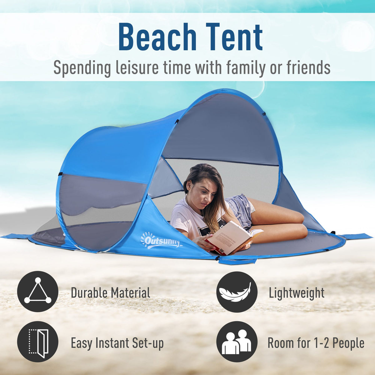 Blue and gray beach tent with an open front and mesh windows