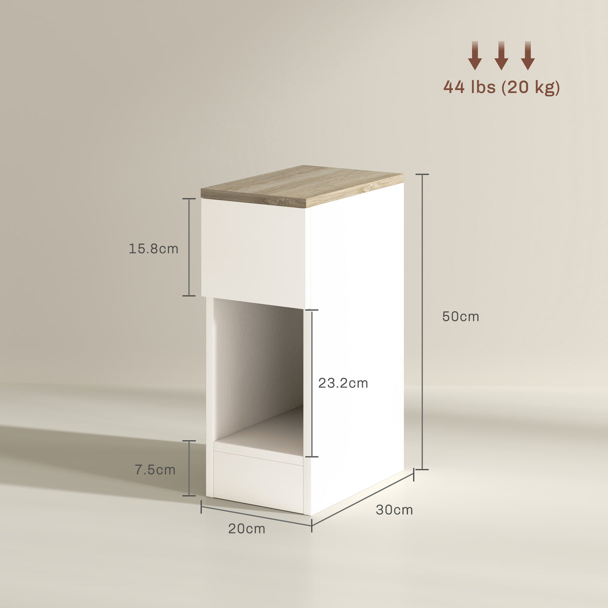 Cream white bedside table with wood-look top, drawer and open shelf; dimensions shown