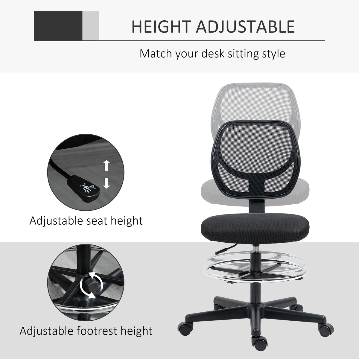Adjustable-height standing desk chair with movable seat and footrest ring